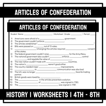 Preview of Articles of Confederation Worksheet | 4th - 6th Grade | Printable & Easel