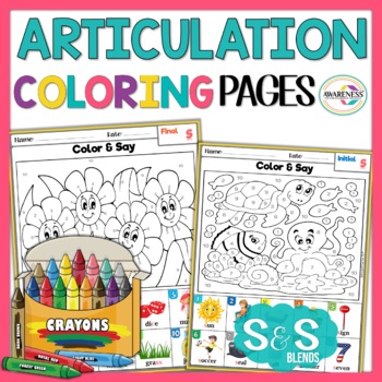 Preview of S Articulation Activities Speech Therapy | S & S Blends Coloring Worksheets