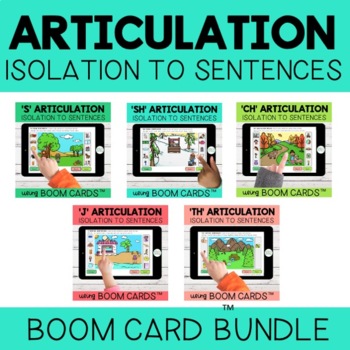 Preview of Articulation Boom Cards™ for S, SH, CH, J, and TH Isolation to Sentences– BUNDLE