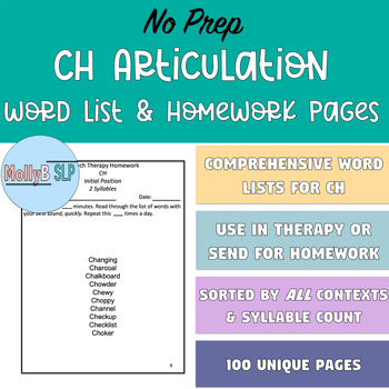 Preview of Articulation CH Word Lists for Homework and Speech Therapy