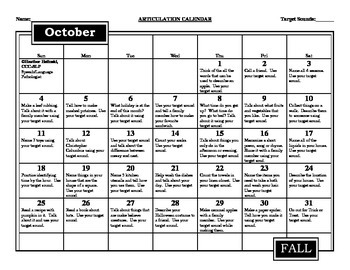 Articulation Calendar by Heather Helinski | Teachers Pay Teachers