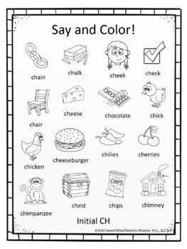 Articulation Coloring Sheets for CH and SH Speech Sounds: Initial