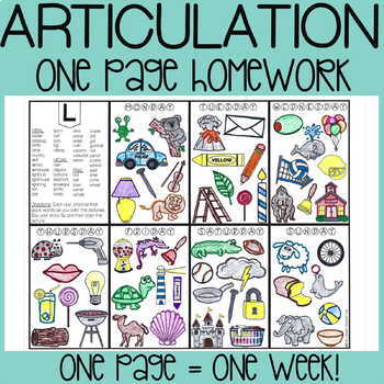 Preview of Articulation Homework Color Sheets | Speech Therapy Homework