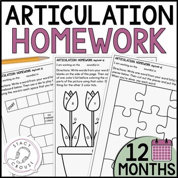 Preview of Articulation Homework Speech Therapy Worksheets Carryover Activities All Year