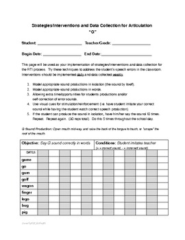 Preview of Articulation Interventions & Data Collection for RTI & Speech Therapy - G Sound