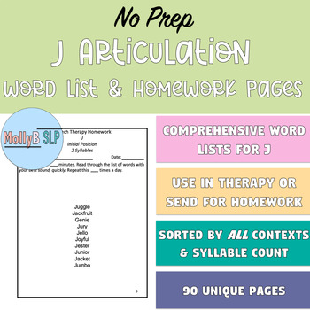 Preview of Articulation J Word Lists for Homework and Speech Therapy