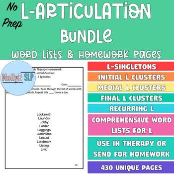 Preview of Articulation L Word Lists BUNDLE: Singletons and S-clusters Homework and Speech