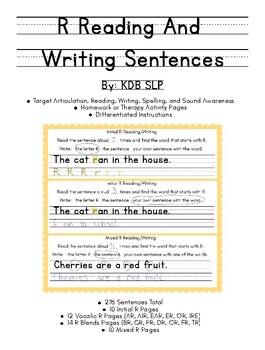 Preview of Articulation R Reading And Writing Practice Sentences - Worksheets / Homework