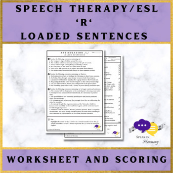 Preview of Articulation R Worksheet - Loaded Sentences (Adult Speech Therapy - ESL)