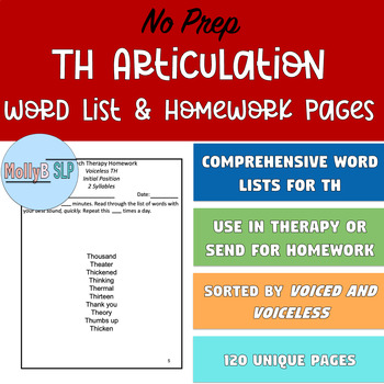 Preview of Articulation TH Word Lists for Homework and Speech Therapy