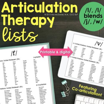 Preview of Articulation Therapy Lists for L , Y , L blends and W  Coarticulation