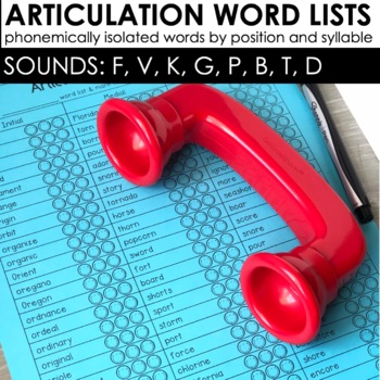 Preview of Articulation Word Lists for Speech Therapy: F, V, P, B, K, G, T, D Drill Sheets
