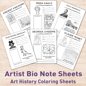Preview of Artist Bio Coloring Pages for Elementary Art Class Pack 1