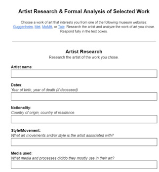 Preview of Artist Research and Art Analysis Worksheet