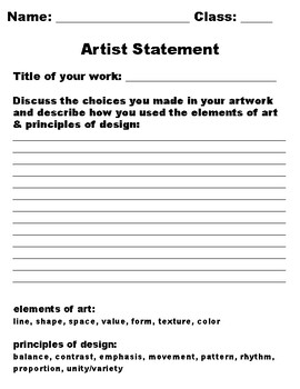Preview of Artist Statement Worksheet for Student Self-Reflection of Work