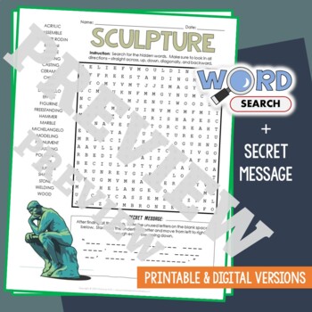 Preview of Arts & SCULPTURE Word Search Puzzle Activity Vocabulary Worksheet Secret Code