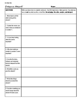 Artwork Critique Worksheet by Mrs Woods Art | Teachers Pay Teachers