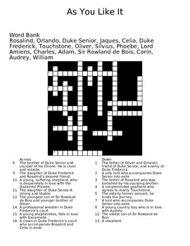 As You Like It Crossword by Ex Nihilo Arts and Culture TPT