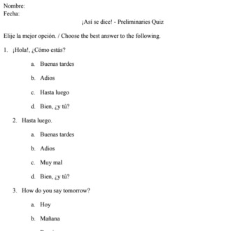 Preview of Así se dice preliminaries-Quiz NoPrep. GoogleForm, PDF Quiz AnswerSheet