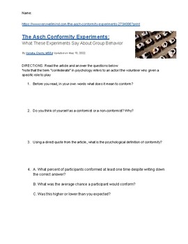 Preview of Asch Conformity Experiment Article Questions