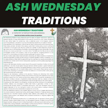 Preview of Ash Wednesday Traditions Reading Comprehension Worksheet