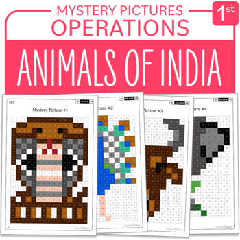 Preview of Asia - Animals of India Math Mystery Pictures Grade 1: Operations