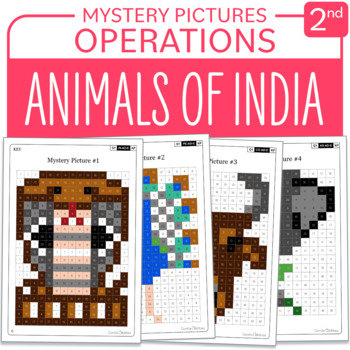 Preview of Asia - Animals of India Math Mystery Pictures Grade 2: Operations