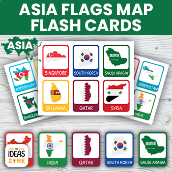 Preview of Asia Country Flags Map Flash Cards