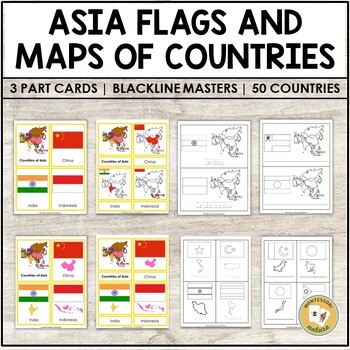 Preview of Asia Flags and Maps of Countries 3-Part Cards Blackline Masters