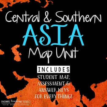 Preview of Asia Map Unit: Central and Southern Regions with Outline Map and Test