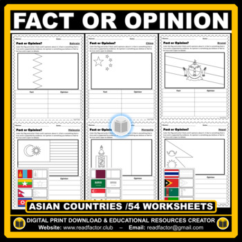 Preview of Asian Countries Fact Or Opinion Activity and Flags Coloring - 54 Worksheets