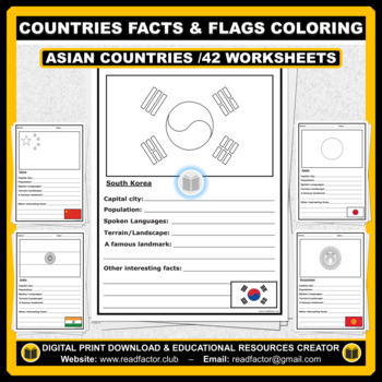 Preview of Asian Countries Facts Activity and Flags Coloring - 42 Worksheets