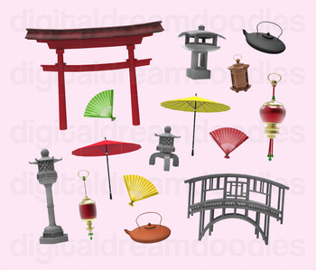 Preview of Asian Garden Clip Art - Japanese Gate and Stone Sculpture Digital PNG Graphics