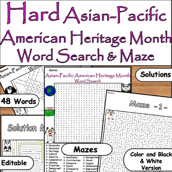 Preview of Asian-Pacific Heritage Month: Hard Word Search & Maze with 48 Words Find Puzzles