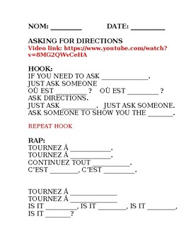 Preview of Asking for Directions in French rap/song worksheet