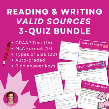 Preview of Assessing Valid Sources 3-Quiz BUNDLE | CRAAP Test, MLA Format, & Bias Types