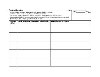 Assessment Correction Form by Eddie Johns | TPT