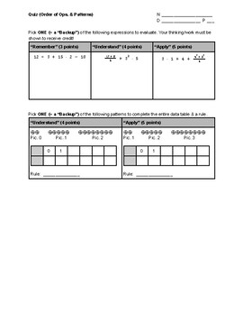 Preview of Assessment, Quick Quiz, Order of Operations & Patterns