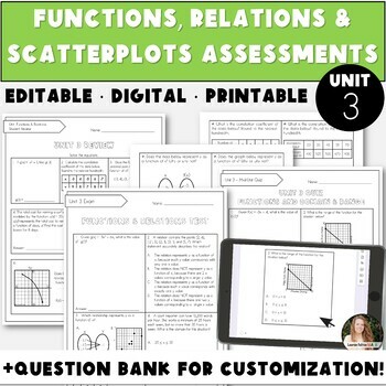 Preview of Assessments and Question Bank for Functions, Relations and Scatterplots | Unit 3