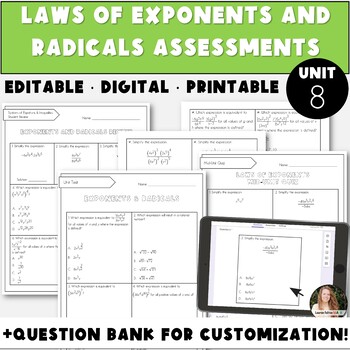 Preview of Assessments and Question Bank for Laws of Exponents and Radicals | Unit 8