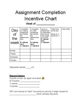 Preview of Assignment Completion Incentive Chart