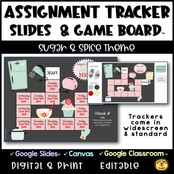 Preview of Assignment Tracker Slides & Game Board | Digital Resource | Sugar & Spice Theme