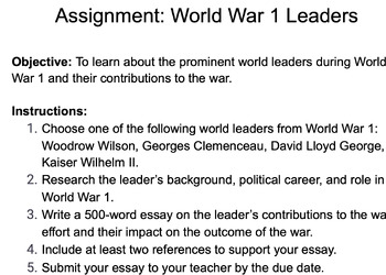 Assignment: World War 1 Leaders Essay by Curt's Journey | TPT