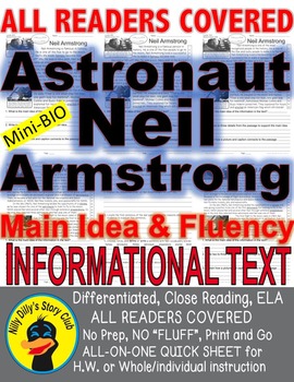 Preview of Astronaut Neil Armstrong CLOSE READING 5 LEVELED PASSAGES Main Idea Fluency TDQs