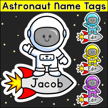 Name Labels Illustration of a Girl against Background of Space with Stars and Moon near Her Hand Name Tags