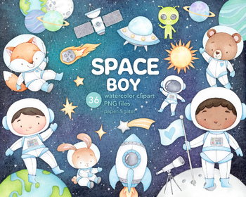 Preview of Astronaut Watercolor Clipart, Space Animals, Space Boy PNG