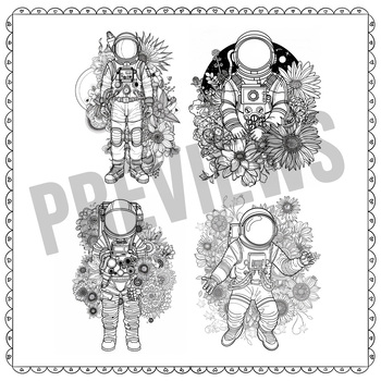 Preview of Astronaut and Flowers with Mandala Coloring, Mindful Relaxing Meditation Adults
