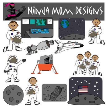 Preview of Astronaut and Lunar Landing Clip Art in Color and Black Line