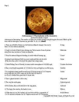 Preview of Astronomy Worksheets with Answers