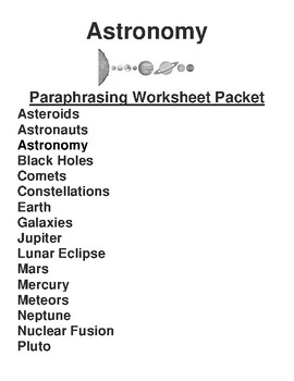 Preview of Astronomy for Kids Paraphrasing Worksheet Packet (27 Topics)